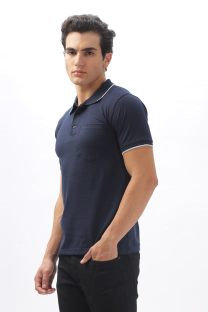 Navy blue Plain Collar T-Shirt – Pique Fabric (65% Cotton, 35% Polyester), 220 GSM.