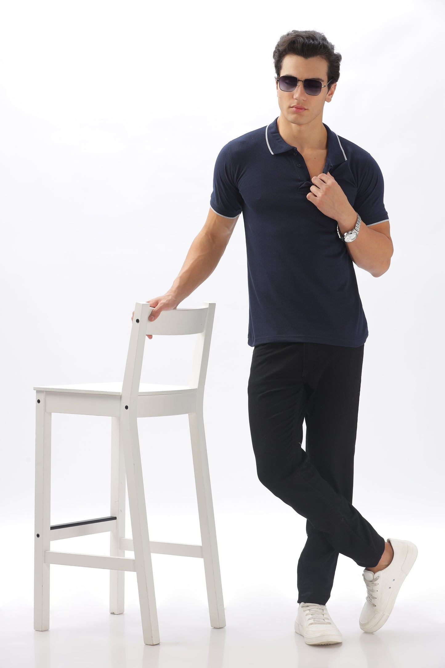 Navy blue Plain Collar T-Shirt – Pique Fabric (65% Cotton, 35% Polyester), 220 GSM.