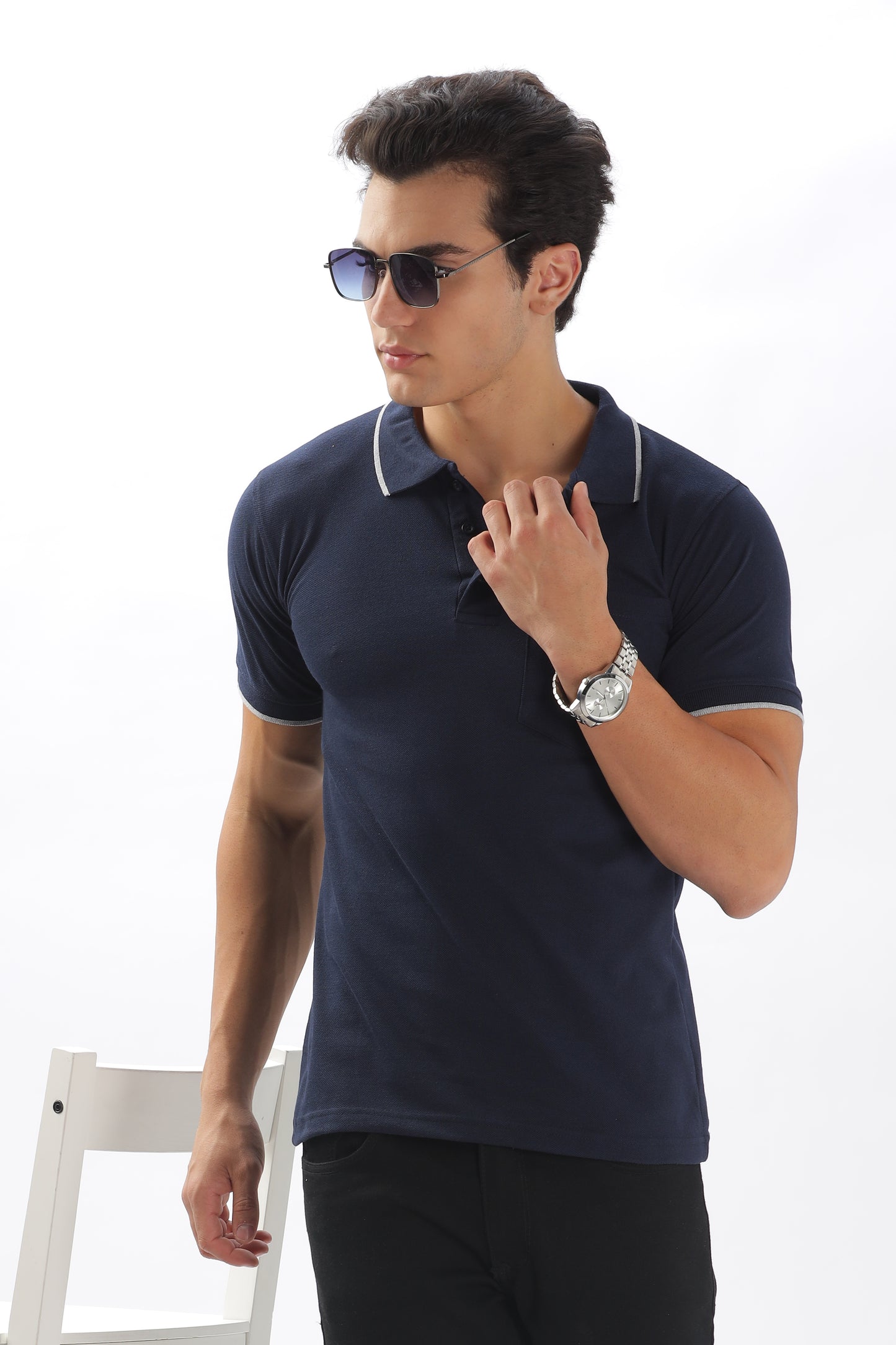 Navy blue Plain Collar T-Shirt – Pique Fabric (65% Cotton, 35% Polyester), 220 GSM.