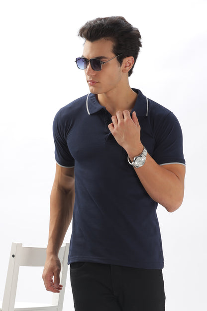 Navy blue Plain Collar T-Shirt – Pique Fabric (65% Cotton, 35% Polyester), 220 GSM.